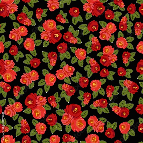 Beautiful seamless pattern with red roses on black background. Vector illustration.