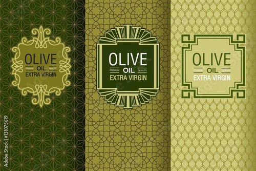 Elegant set of design elements, labels, icon, frames, seamless backgrounds for packaging olive oil emblems and bottles.