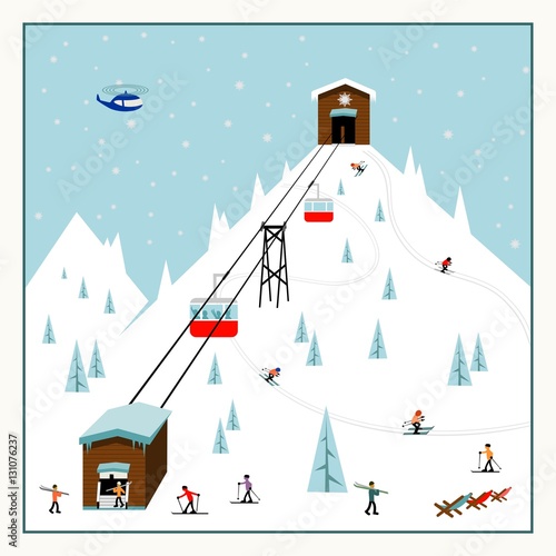 Cool pastel Cartoon ski poster. The mountain resort with ski lifts, slopes, skiers.