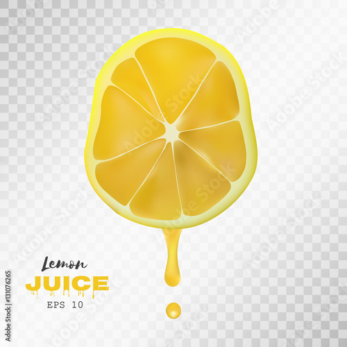 Vector realistic sliced lemon with drop of juice. Transparent background