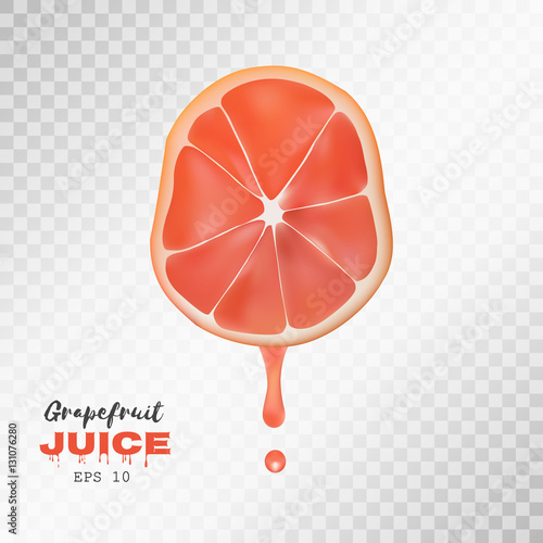Vector realistic sliced grapefruit with drop of juice. Transparent background
