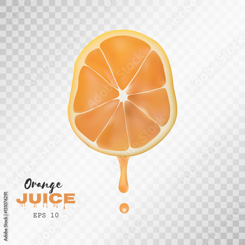 Vector realistic sliced orange with drop of juice. Transparent background