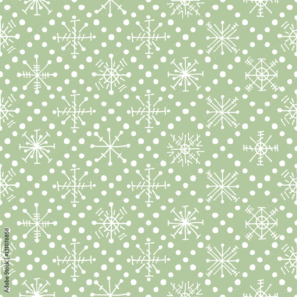 Seamless vector pattern with snowflakes. Green symmetrical seasonal winter background with cute hand drawn decorative elements. Graphic illustration. Series of winter seamless vector patterns.