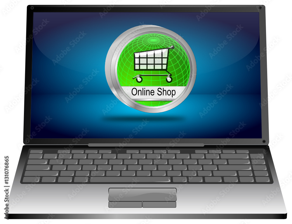 Laptop Computer with online Shop Button - 3D illustration Laptop Computer with online Shop Button - 3D illustration