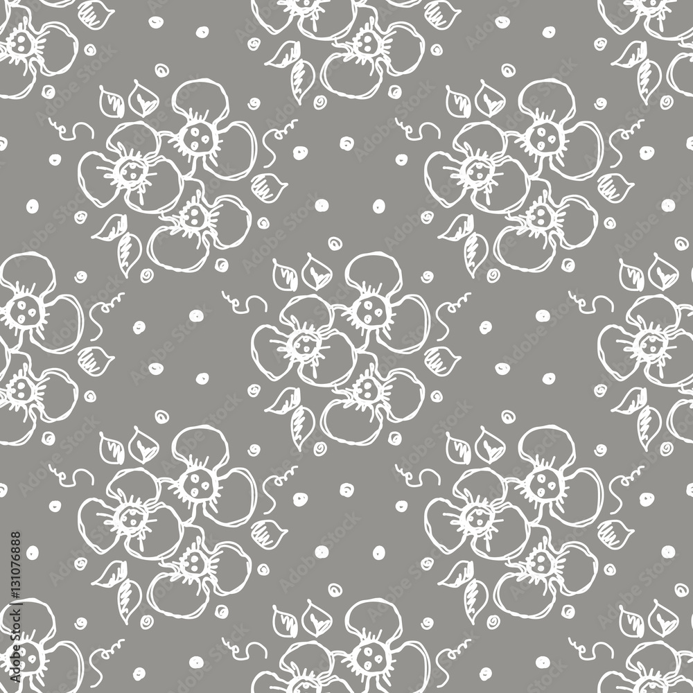Seamless vector hand drawn seamless floral  pattern. Grey background with flowers, leaves, dots. Decorative cute graphic drawn illustration. Template for background, wrapping, wallpaper.