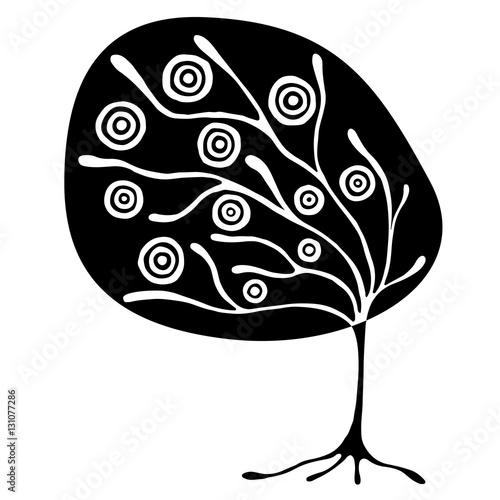 Vector hand drawn illustration, decorative ornamental stylized tree. Black and white graphic illustration isolated on the white background. Inc drawing silhouette. Decorative artistic ornamental wood