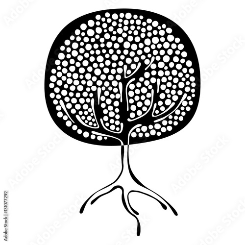 Vector hand drawn illustration, decorative ornamental stylized tree. Black and white graphic illustration isolated on the white background. Inc drawing silhouette. Decorative artistic ornamental wood