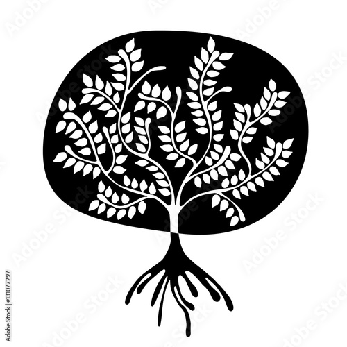 Vector hand drawn illustration, decorative ornamental stylized tree. Black and white graphic illustration isolated on the white background. Inc drawing silhouette. Decorative artistic ornamental wood