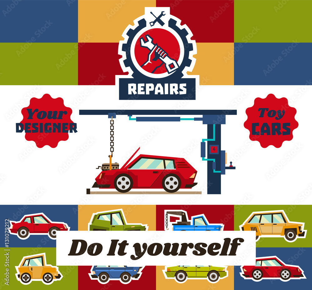 Vector illustration on the theme of vehicle repair and assembly for the child. Designed for packing a toy. Car and special equipment for removal of the engine. Vector illustration on the theme of vehicle repair and assembly for the child. Designed for packing a toy. Car and special equipment for removal of the engine.