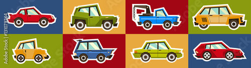 Set of toy cars isolated white outline on a colored background. Stickers machines. Vector illustration. Flat style