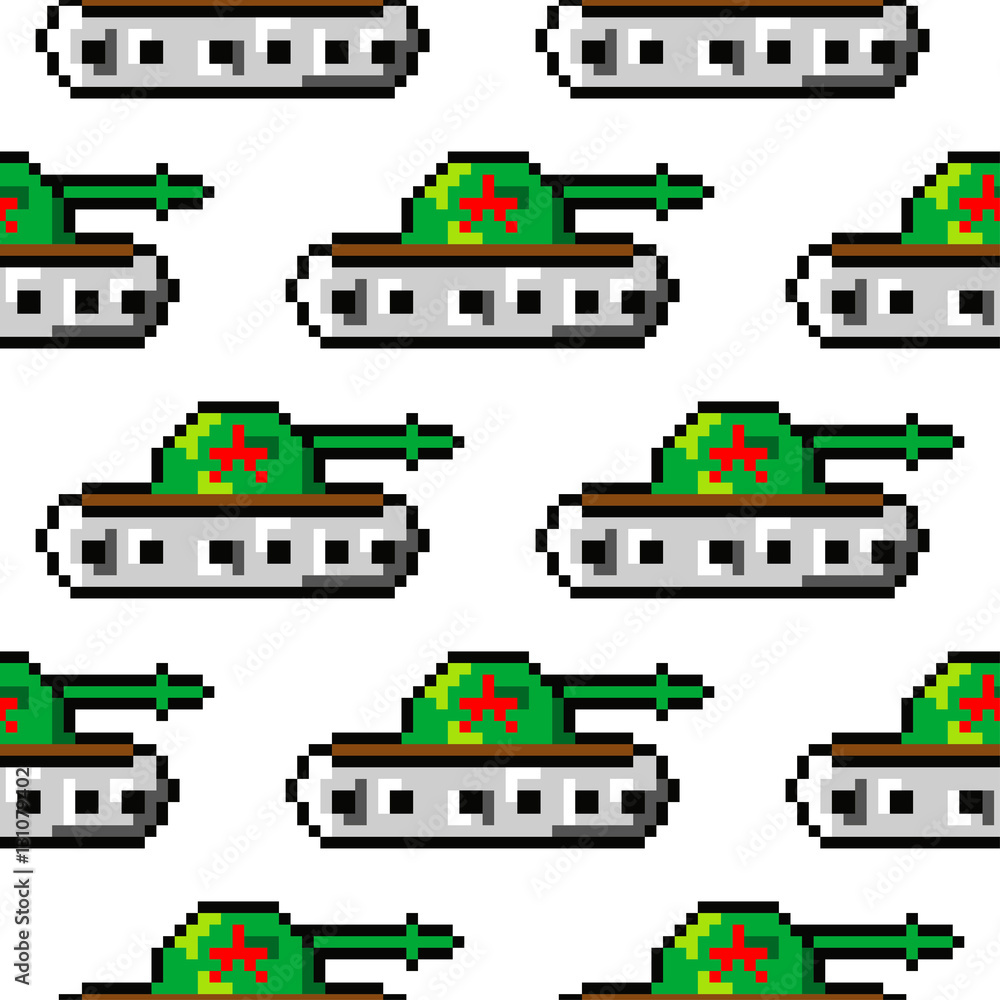 Pixel art vector objects to create Fashion seamless pattern. Background with tanks for boys. trendy 80s-90s   style, computer game 