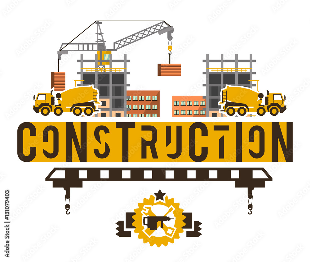 Construction site. Crane lifting concrete slabs. Lettering on the ...