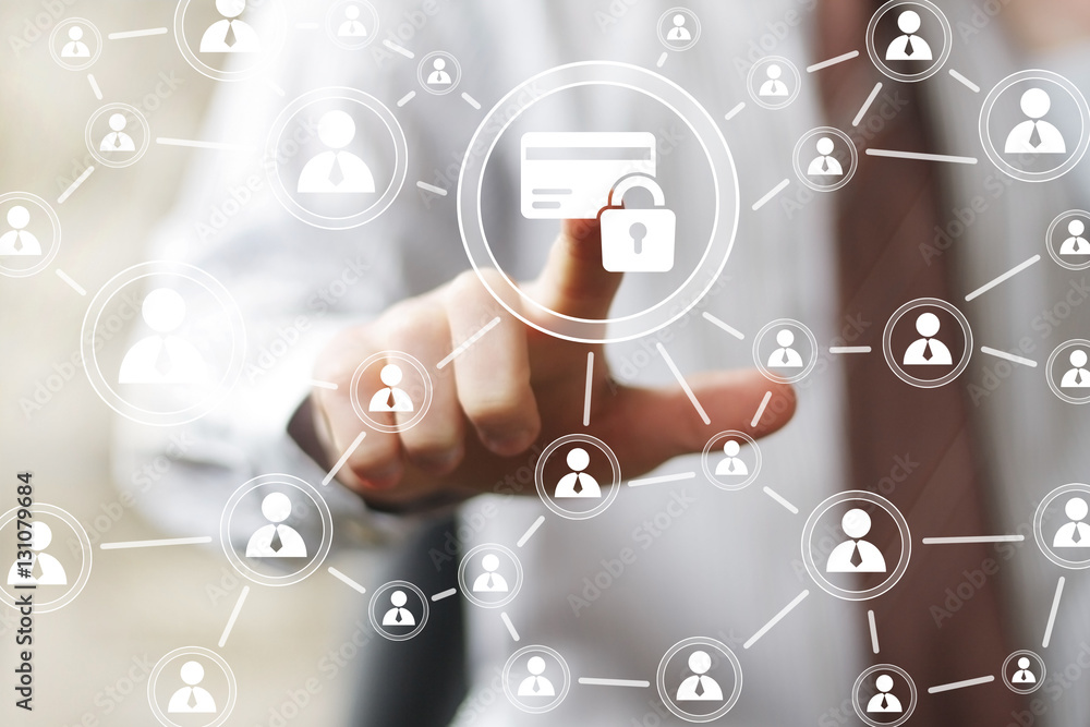 Businessman pressing button credit card lock security network Businessman pressing button credit card lock security network