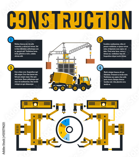 Vector illustration infographic on the construction site. Diagram surrounded by robotic arms. Lettering on the isolated background. Concrete Mixer for background unfinished building and crane.