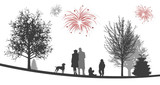 Silvester | Feuerwerk | Winterliche Landschaft | Junge Familie spielt mit Hund im Park