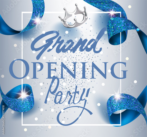 Elegant grand opening invitation card with blue textured curly gold ribbon