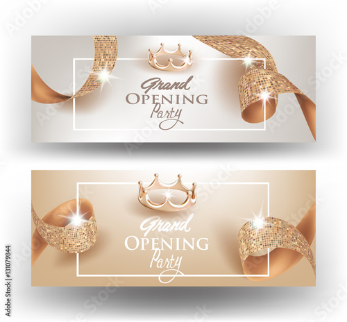 Elegant Grand opening invitation cards with textured curly beige ribbons and gold crowns