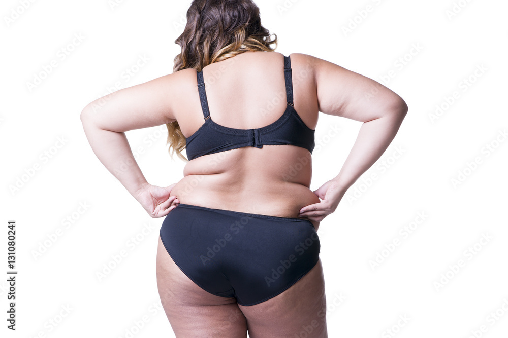 Plus size model in lingerie, overweight female body, fat woman with cellulitis on buttocks isolated white background Stock-foto | Adobe Stock