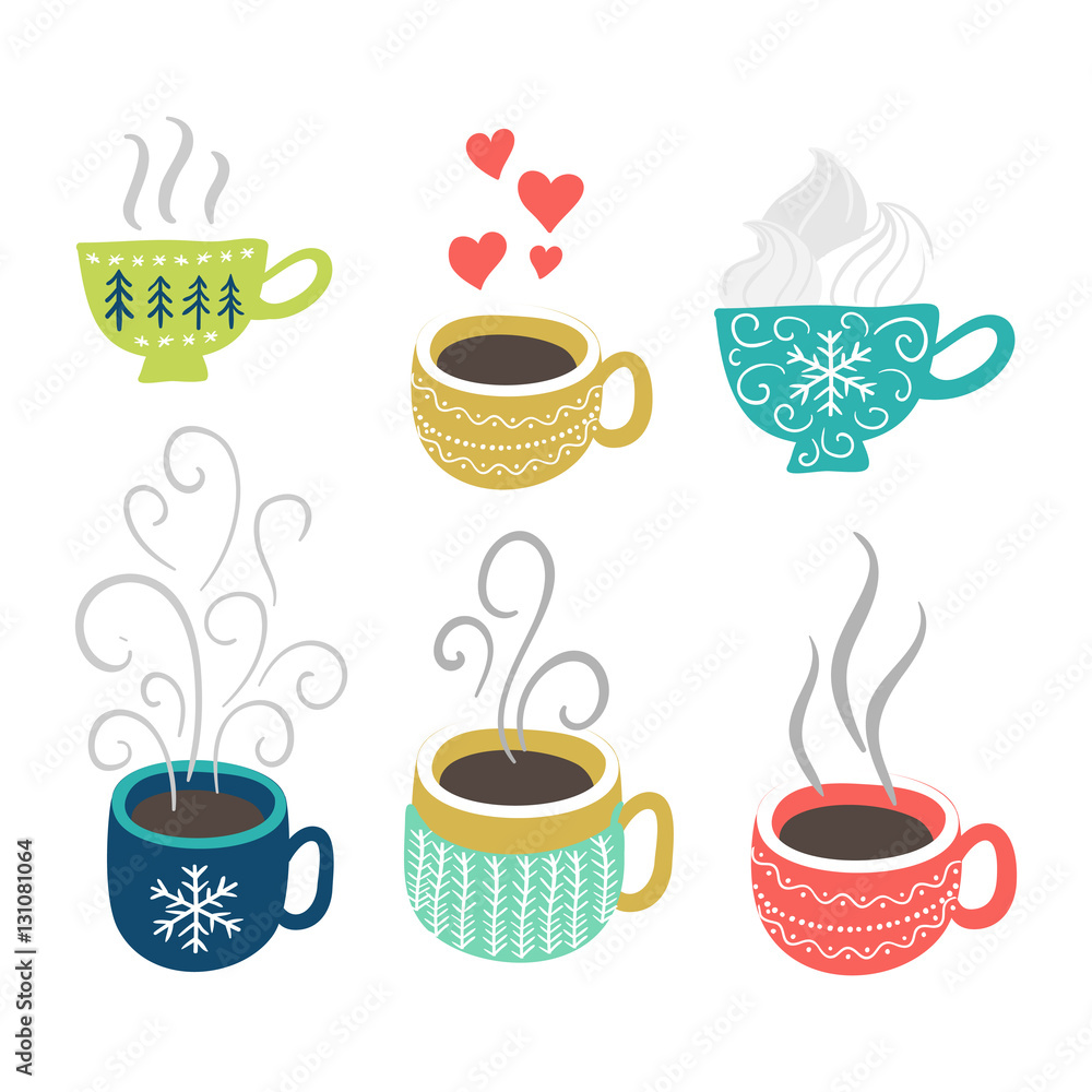 Obraz premium Hot tea, coffee cups set. Vector winter holidays elements.