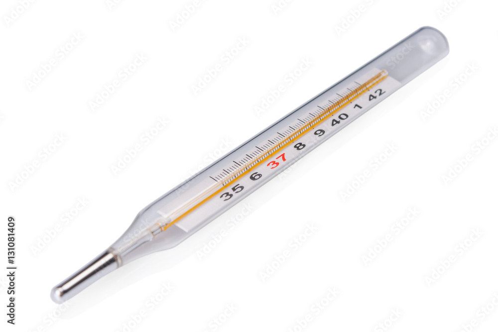 Traditional thermometer with focus on high fever temperature isolated on white background. Traditional thermometer with focus on high fever temperature isolated on white background.