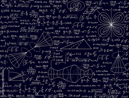 Mathematical scientific vector seamless texture with handwritten plots and formulas, physical calculations. Natural sciences background