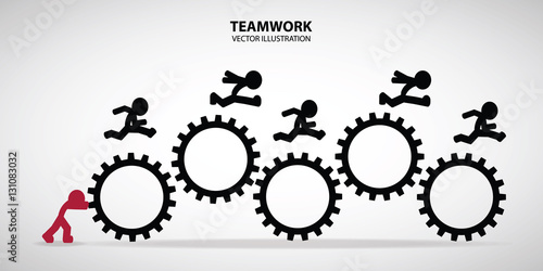 Business Teamwork Push-Conceptual Illustration of group of businessmen on top of cogs.