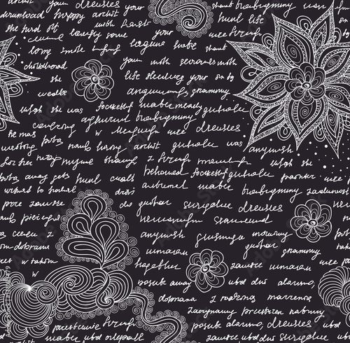 Abstract vintage vector endless seamless texture with handwritten text, words and letters, "chalk on grey board" effect
