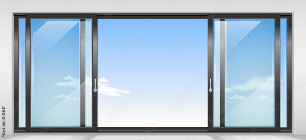 Fototapeta premium Modern wide sliding door with transparent glass. Vector graphics. The interior of the room.