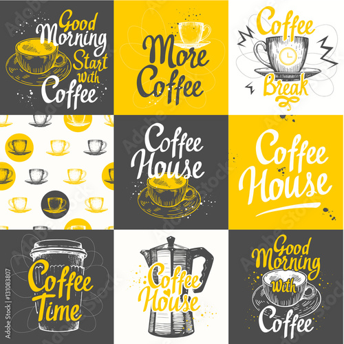 Set of coffee sketch with seamless background. Hot drinks menu. Vector Illustration: cup, maker and pattern. Brush calligraphy elements for your design. Handwritten ink lettering.