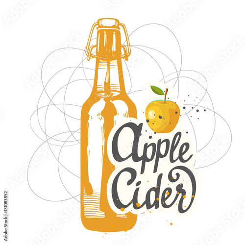 Drink menu. Vector illustration with cider apple bottle in sketch style for pub . Alcoholic beverages.