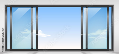 Modern wide sliding door with transparent glass. Vector graphics. The interior of the room.