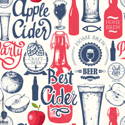 Pattern with beer, cider and apple in sketch style. Seamless background for Pub menu. Vector illustration  labels, bottle, glass  brush calligraphy elements. Handwritten ink lettering.