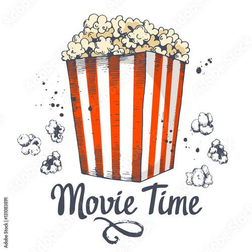 Vector illustration with sketch popcorn bucket. Cinema snack. Hand drawn fast food. Movie Time poster.