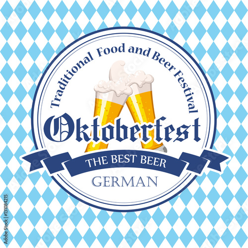 Oktoberfest icon. Drink menu. Vector illustration with beer glass in sketch style for pub. Alcoholic festival beverages on blue chess background.