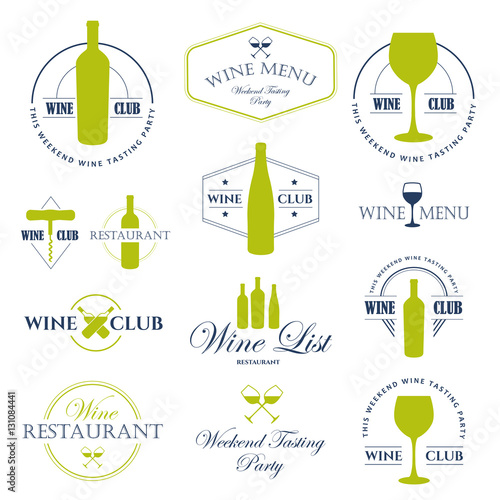 Vector Illustration with wine list logo and labels. Simple symbols glass, bottle for restaurant or winery. Traditions of drink. Decorative design elements. Black white style.