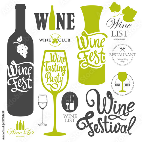 Vector illustration with labels, bottle, glass sketch style. Alcoholic beverages set. Wine festival. Brush calligraphy elements for your design. Handwritten ink lettering.