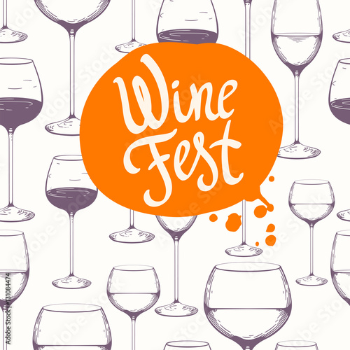 Hand-drawn sketch of wine glass. Seamless glassware pattern. Black and white style. Vintage. Tasting party.