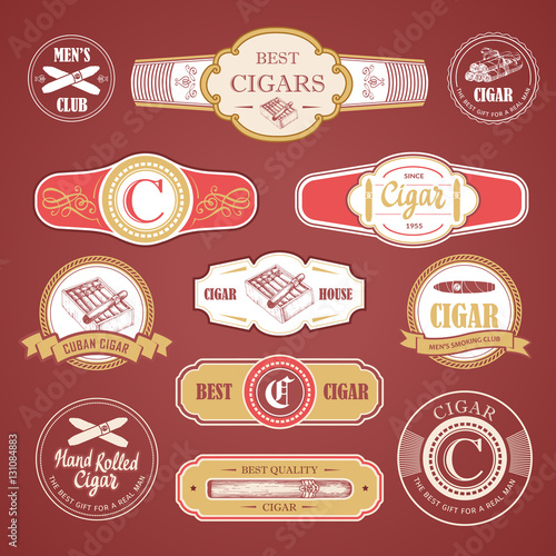 Vector Illustration with logo and labels. Simple symbols tobacco, cigar. Traditions of smokeke. Decorative elements, icon for your design. Gentleman style.