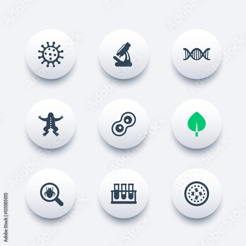 Biology icons set, virus, cell division, microscope, test-tubes, microbe, microorganism