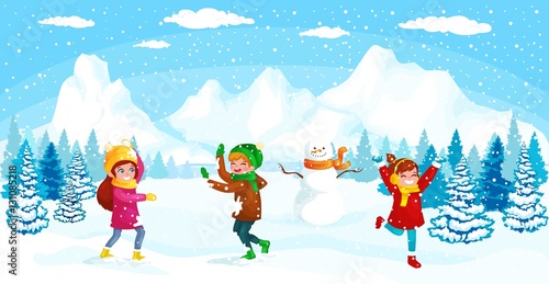 Winter kids Vector illustration. Boy and girl playing in snowballs. Funny cartoon character. christmas cards