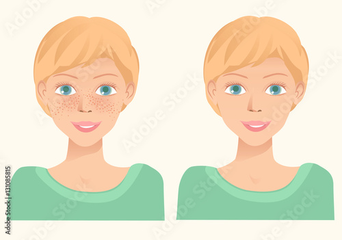 Cheerful cute young girl with freckles and same girl  without fr