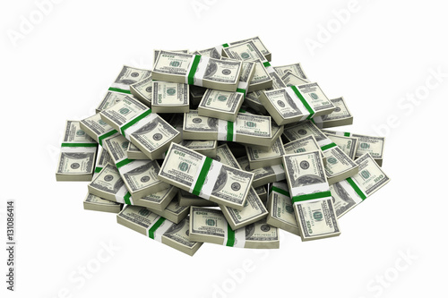 big pile of money american dollar bills without shadow on white