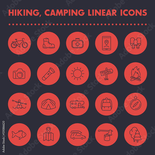Hiking, camping, outdoor line icons set, boot, flashlight, tent, map, kayak, forest, fishing, camper