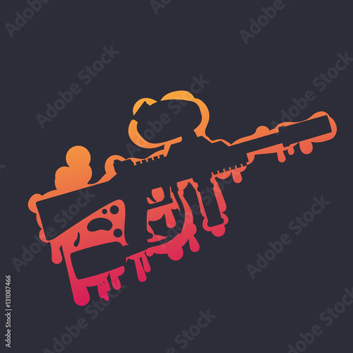 paintball gun, marker, silhouette on paint splash over dark