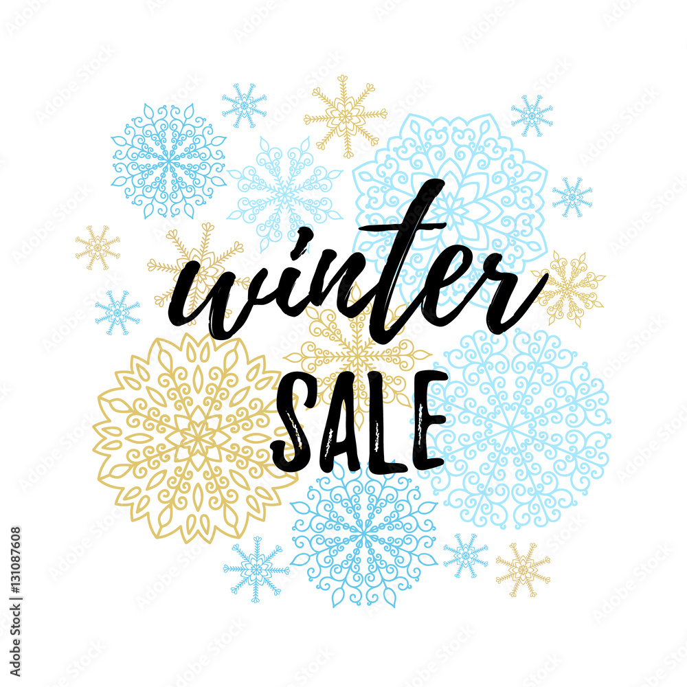 Winter sale label, banner, sticker. Vector winter holidays backgrounds with hand lettering calligraphy, Christmas golden and blue snowflakes.