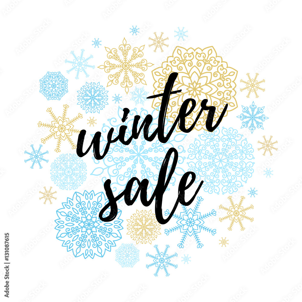 Winter sale label, banner, sticker. Vector winter holidays backgrounds with hand lettering calligraphy, Christmas golden and blue snowflakes.