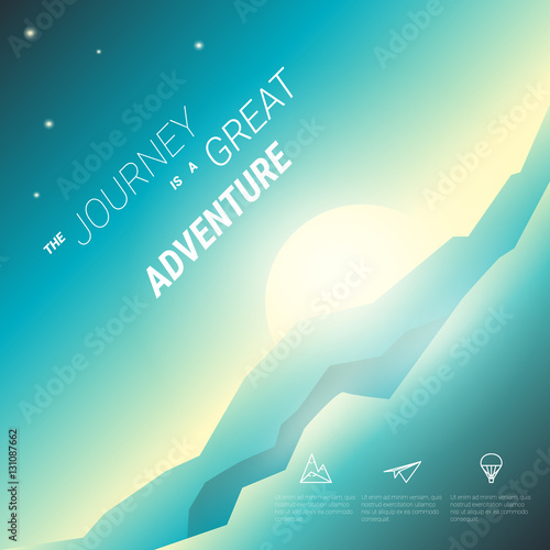 Mountains with sunset background. Great Journey Concept. Travel infographic. Vector illustration