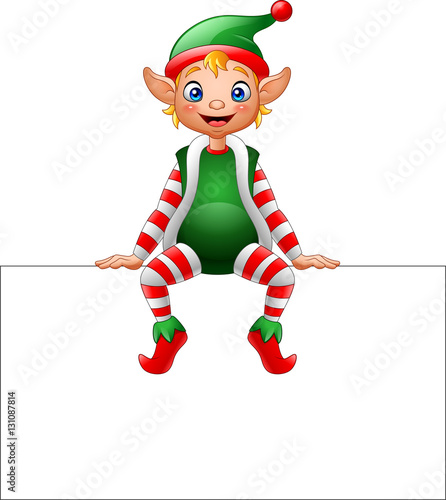 Cartoon Christmas elf sitting on blank sign