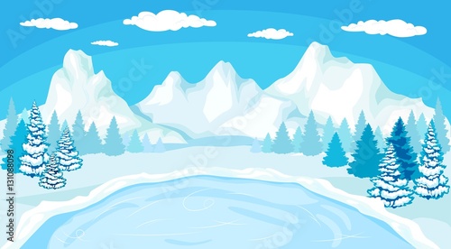 Beautiful Christmas winter flat landscape background. Christmas forest woods with mountains. New Year vector greeting card © galkinkirill