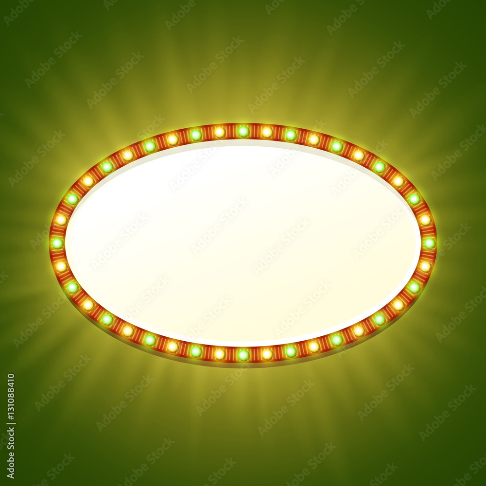 Blank 3d retro light banner with shining bulbs. Red sign with yellow and green lights and blank space for your text. Vintage street signboard. Advertising oval frame with glow. Vector illustration.